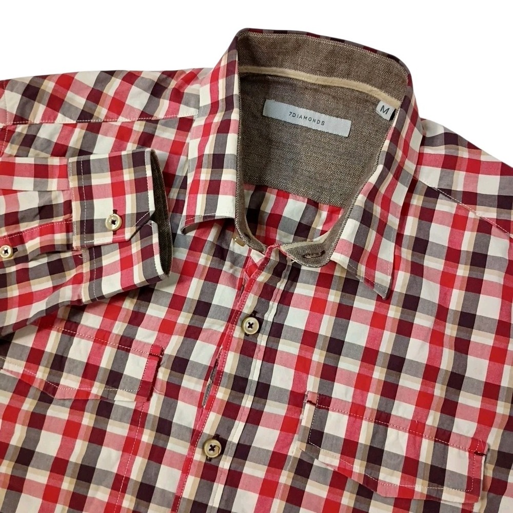 7 Diamonds Shirt Mens Medium Red Plaid Flap Pockets Long Sleeve Cotton Western